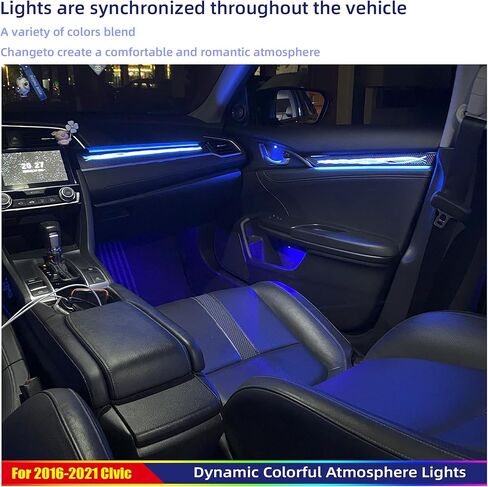 مجموعة الإضاءة المحيطة المخصصة للجيل العاشر من Honda Civic - مصابيح السيارة الداخلية LED بـ 256 لونًا مع حواف من ألياف الكربون، والتحكم في التطبيق، وتركيب التوصيل والتشغيل للأبواب/لوحة القيادة/موضع القدم (2016-2021) in Saudi Arabia