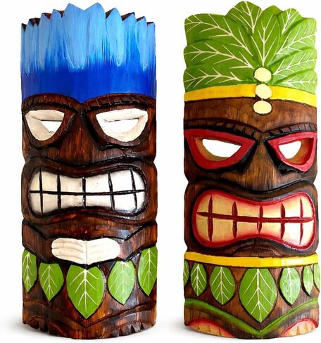 OMA Set Of (2) Wooden Hand Crafted Tiki Masks With Vibrant Tropical Design & Stunning Details 12" High in Saudi Arabia