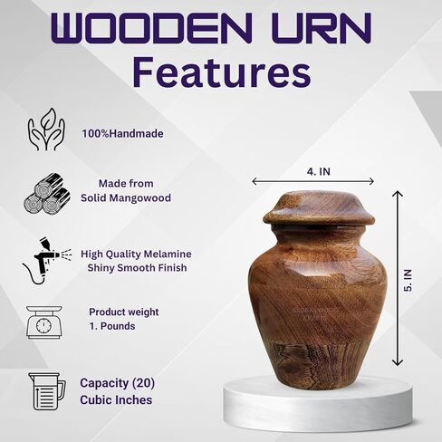 Wooden Urn, Handcrafted Mango Wood Cremation Urn, for Man and Women Human Ash Size Small 20 Cubic Inches, Keepsake in Saudi Arabia