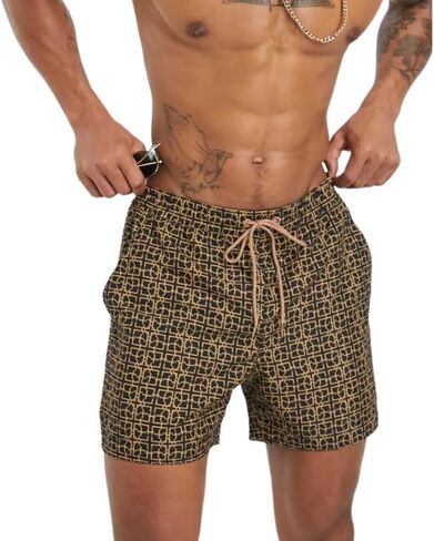 Men's Beach Shorts, Geometric Print with Pockets, Drawstring Design in Saudi Arabia