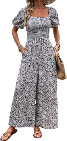 QIAOZHI Women's Casual Loose Overalls Jumpsuits One Piece Short Sleeve Smocked High Waist Wide Leg Pants Outfits With Pockets in Kuwait