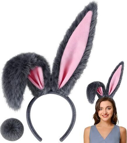 IGMaryBox طويل فروي آذان الأرنب عقال أرنب الأذن عقال وذيل أفخم انحناء آذان أرنب هيرباند زي الأرنب لحفلة عيد الفصح عيد الهالوين حفلة تنكرية الحيوان موضوع in Kuwait