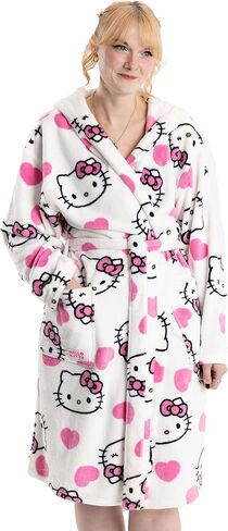 رداء حمام بغطاء للرأس باللون الأبيض للسيدات من Hello Kitty | ملابس مريحة من الصوف مع لمسات وردية وأكمام طويلة | تصميم شخصيات كرتونية | مثالية لأيام الاسترخاء - L-XL in Saudi Arabia