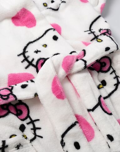 رداء حمام بغطاء للرأس باللون الأبيض للسيدات من Hello Kitty | ملابس مريحة من الصوف مع لمسات وردية وأكمام طويلة | تصميم شخصيات كرتونية | مثالية لأيام الاسترخاء - L-XL in Saudi Arabia