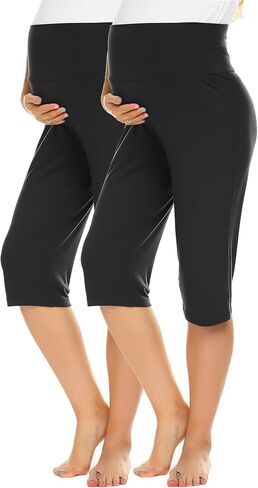 Ekouaer 2 حزمة المرأة Capris السراويل الأمومة عالية الخصر الحمل Cropprd السراويل بسط صالة قيعان in Saudi Arabia