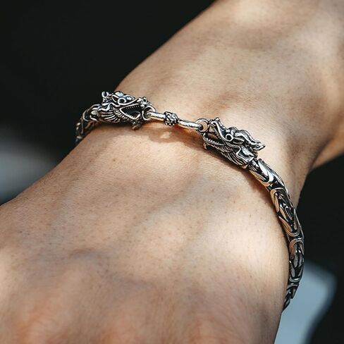 Vintage Dragon Feng Shui Bracelet, 925 Sterling Silver Double Dragon Head Bracelets for Wealth and Happiness Amulet Lucky Creative Fengshui Decor Gift for Men Women (22cm) in Saudi Arabia