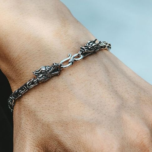 Vintage Dragon Feng Shui Bracelet, 925 Sterling Silver Double Dragon Head Bracelets for Wealth and Happiness Amulet Lucky Creative Fengshui Decor Gift for Men Women (22cm) in Saudi Arabia