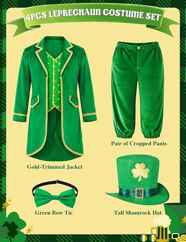 Leprechaun Costume Men 4PCS St Patricks Day Adult Green Lucky Charms Jacket Outfit Irish Festival Halloween Party in Kuwait