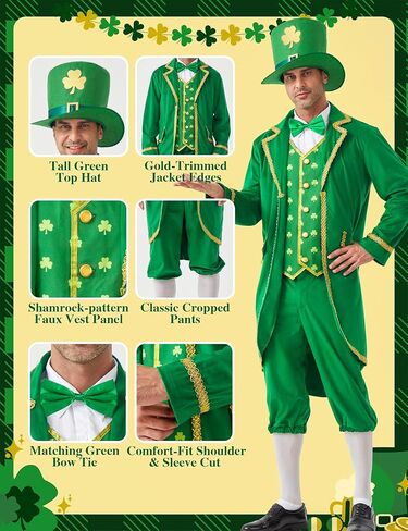 Leprechaun Costume Men 4PCS St Patricks Day Adult Green Lucky Charms Jacket Outfit Irish Festival Halloween Party in Kuwait