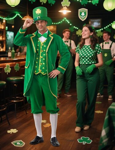 Leprechaun Costume Men 4PCS St Patricks Day Adult Green Lucky Charms Jacket Outfit Irish Festival Halloween Party in Kuwait