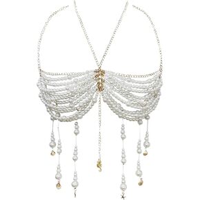 لؤلؤ أنيق مطرز بشراشيب هالترنيك المحاصيل الدبابات الأعلى للنساء مجوهرات الجسم الصدرية سلسلة الصدر الأطراف in Kuwait