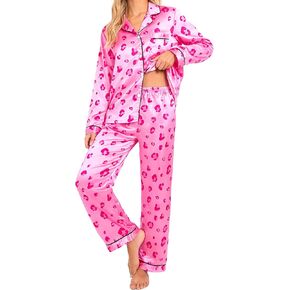 طقم بيجامات من الساتان والحرير للنساء ملابس نوم بأكمام طويلة وأزرار للأسفل مكونة من قطعتين ملابس نوم حريرية S-XL in Kuwait