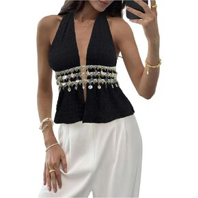 SweatyRocks Women's Y2k Sequin Halter Tops Deep V Neck Backless Shell Tops Party Streetwear Concert Outfits in Saudi Arabia