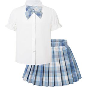 SANGTREE Girls' JK School Uniform Outfit Cute 2 Piece Set with Bow Tie Shirt and Pleated Skirt,4T-16Y in Kuwait