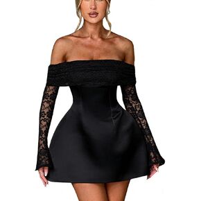 فستان بدون أكتاف للنساء، مقاس نحيف، فساتين قصيرة لحفلات العودة للوطن، مثيرة بسحاب، دانتيل، بأكمام طويلة in Kuwait