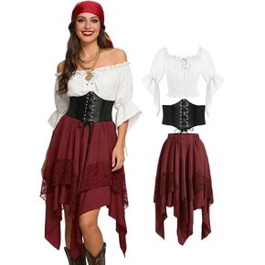 Verceco زي القرصان النسائي للبالغين من عصر النهضة في القرون الوسطى مع بلوزة فلاحية وتنورة قراصنة مجموعة الهالوين من 3 قطع in Kuwait