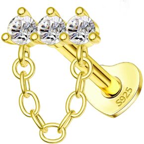 14K Gold Plated Cartilage Earrings Stud 16G 925 Sterling Silver Helix Heart Flat Back Earrings Dangle Internally Thread in Kuwait