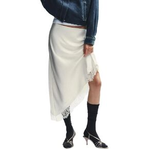Womens Satin Lace Maxi Skirt Y2k Lace Trim Low Waist Long Skirt Silky Half Slip Asymmetrical Midi Skirts in Saudi Arabia