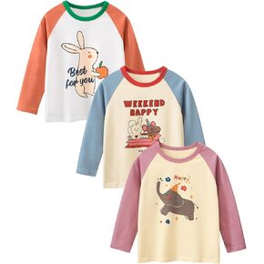 قمصان طويلة الأكمام للفتيات الصغيرات مكونة من 3 قمصان كاجوال بياقة دائرية، تي شيرتات قطنية راجلان، قمصان علوية بطبقات للربيع والخريف، 2-6 سنوات in Kuwait