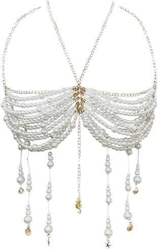 لؤلؤ أنيق مطرز بشراشيب هالترنيك المحاصيل الدبابات الأعلى للنساء مجوهرات الجسم الصدرية سلسلة الصدر الأطراف in Kuwait