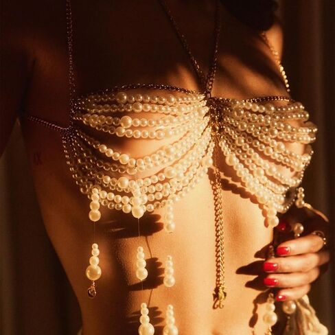 لؤلؤ أنيق مطرز بشراشيب هالترنيك المحاصيل الدبابات الأعلى للنساء مجوهرات الجسم الصدرية سلسلة الصدر الأطراف in Kuwait