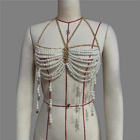 لؤلؤ أنيق مطرز بشراشيب هالترنيك المحاصيل الدبابات الأعلى للنساء مجوهرات الجسم الصدرية سلسلة الصدر الأطراف in Kuwait