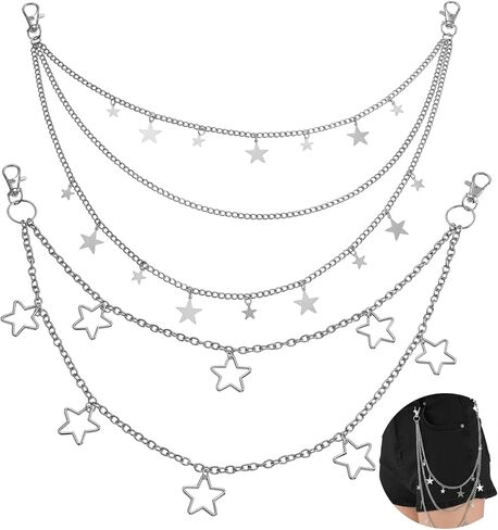 2 Pcs Vintage Pants Chain, Layered Pocket Chain Goth Jean Chains Pocket Belt Chains Hip Pop WaistChain Star Punk Pockets Accessory for Pants Trousers Jeans Wallet Pockets in Saudi Arabia