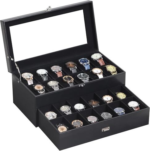 AUTOARK Watch Box Organizer with Glass Top & Lockable Drawer,2 Layers Holds 30 Watches & Jewelry,Large Storage for Men & Women,PU Leather with Soft Interior,Gift for Home Office Desk,Black,MKAW-125 in Saudi Arabia