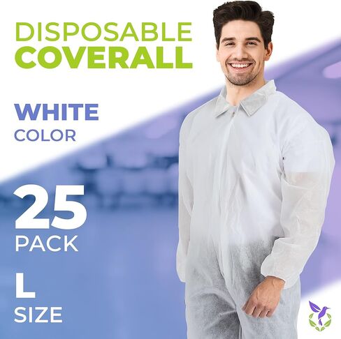 AMZ Medical Supply مآزر بيضاء للاستعمال مرة واحدة، مقاس كبير. عبوة مكونة من 25 غطاء مختبر للاستعمال مرة واحدة، 50 جرام لكل متر مربع من البولي بروبيلين. ملابس عمل للجنسين للنساء/الرجال. زي Hazmat للبالغين بسحاب أمامي ومعصمين مرنين in Kuwait