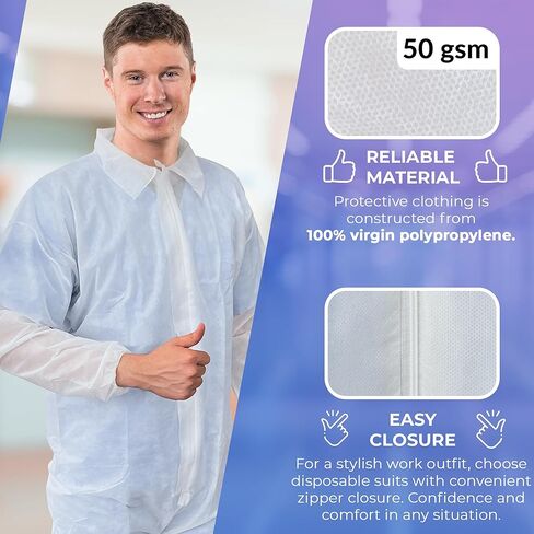 AMZ Medical Supply مآزر بيضاء للاستعمال مرة واحدة، مقاس كبير. عبوة مكونة من 25 غطاء مختبر للاستعمال مرة واحدة، 50 جرام لكل متر مربع من البولي بروبيلين. ملابس عمل للجنسين للنساء/الرجال. زي Hazmat للبالغين بسحاب أمامي ومعصمين مرنين in Kuwait