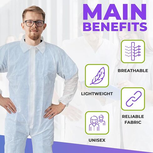 AMZ Medical Supply مآزر بيضاء للاستعمال مرة واحدة، مقاس كبير. عبوة مكونة من 25 غطاء مختبر للاستعمال مرة واحدة، 50 جرام لكل متر مربع من البولي بروبيلين. ملابس عمل للجنسين للنساء/الرجال. زي Hazmat للبالغين بسحاب أمامي ومعصمين مرنين in Kuwait