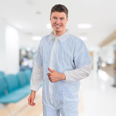 AMZ Medical Supply مآزر بيضاء للاستعمال مرة واحدة، مقاس كبير. عبوة مكونة من 25 غطاء مختبر للاستعمال مرة واحدة، 50 جرام لكل متر مربع من البولي بروبيلين. ملابس عمل للجنسين للنساء/الرجال. زي Hazmat للبالغين بسحاب أمامي ومعصمين مرنين in Kuwait