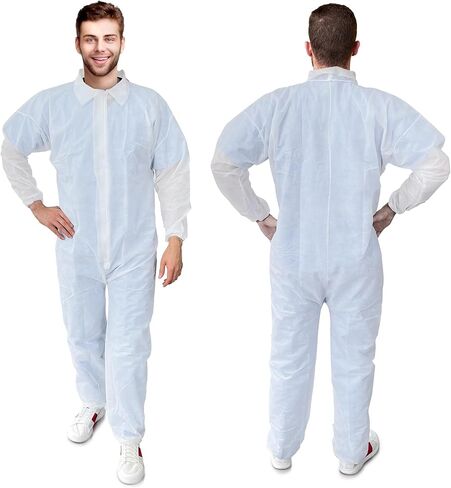 AMZ Medical Supply White Disposable Coveralls Uniform, Large. Pack of 25 Lab Coveralls Disposable 50 GSM PP. Unisex Work Overalls for Women/Men. Hazmat Costume Adult with Front-Zip, Elastic Wrists in Saudi Arabia
