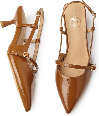 Trary Slingback Kitten Heels للنساء، حذاء مدبب عند الأصابع ومغلق عند الأصابع، حذاء بني مثير للنساء لحفلات الزفاف، مقاس 7.5 in Saudi Arabia