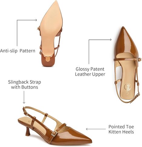 Trary Slingback Kitten Heels للنساء، حذاء مدبب عند الأصابع ومغلق عند الأصابع، حذاء بني مثير للنساء لحفلات الزفاف، مقاس 7.5 in Saudi Arabia