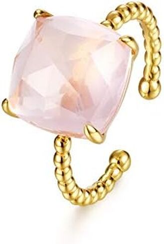 14K Solid Gold over S925 Natural Pink Quartz Lotus Stone Ring,Elegant Minimalist Cushion Cut Twisted Open Pink Stone Ring, Elegant Gemstone Jewelry for Women in Saudi Arabia