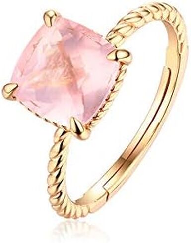 14K Solid Gold over S925 Natural Pink Quartz Lotus Stone Ring,Elegant Minimalist Cushion Cut Twisted Open Pink Stone Ring, Elegant Gemstone Jewelry for Women in Saudi Arabia