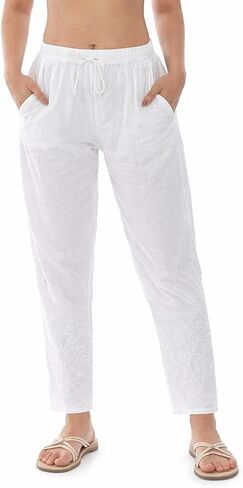 Women’s Cotton White Embroidered Ankle-Length Ethnic Bottom Wear with Elastic Waist & Drawstring in Saudi Arabia