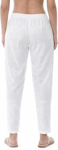 Women’s Cotton White Embroidered Ankle-Length Ethnic Bottom Wear with Elastic Waist & Drawstring in Saudi Arabia