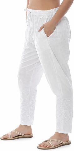 Women’s Cotton White Embroidered Ankle-Length Ethnic Bottom Wear with Elastic Waist & Drawstring in Saudi Arabia