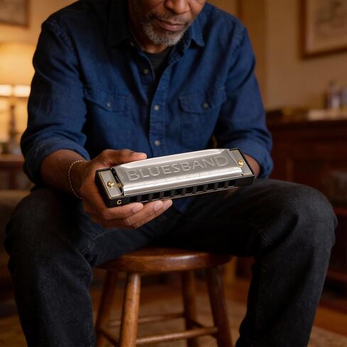 Hohner Blues Band Harmonica - حزمة مفتاح C مع حافظة بسحاب، ودليل تعليمات، وقماش تلميع Austin Bazaar in Kuwait