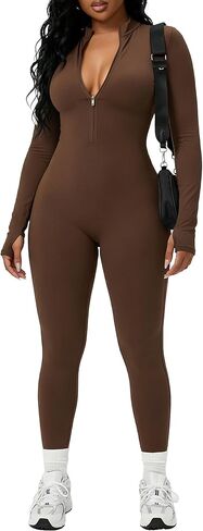 Coume Women Long Sleeve Workout Jumpsuit Zip up Front Romper One Piece Sexy Bodycon Bodysuit Causal Yoga Gym Sport in Saudi Arabia