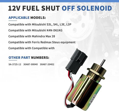 12VDC Fuel Shut Off Solenoid SA-3725-12 Compatible with Mitsubishi L2E L3E S3L S4L Engine, Compatible with Volvo EC15 Toro 223D Mahindra Max 28 Tractor, Replaces 30A87-00040 30A87-20402 in Saudi Arabia