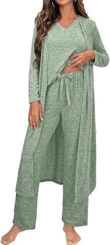 طقم بيجامات نسائي محبوك تي شيرت وسروال طقم صالة مع سترة صوفية 3 قطع ملابس نوم مجموعات Pjs ملابس للاستلقاء in Kuwait