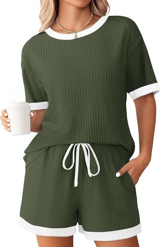 Ekouaer Women Ribbed Knit Pajama Sets, 2 Piece Short Sleeve Top and Shorts Soft Pjs Sleepwear with Pockets Lounge Sets S-XXL in Saudi Arabia
