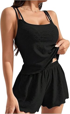 OYOANGLE Women's Cami Pajama Set Eyelet Embroidery Camisole Top and Shorts 2 Piece Pajamas Cute Sleepwear in Saudi Arabia