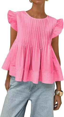 قطع علوية بيبي دول نسائية بأكمام واسعة وبلوزات ذات ثنيات وفتحة رقبة مستديرة وقمصان تونيك فضفاضة غير رسمية ملابس علوية بيبلوم in Kuwait