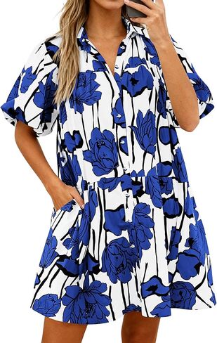PRETTYGARDEN Womens Summer Dresses 2026 Casual Puff Sleeve Button Down Mini Shirt Dress Boho Floral Babydoll Sun Dress in Saudi Arabia