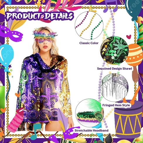 Edussy Outfit Set for Women- Classic Costumes including Headband, Shawl, Mask, and Beaded Necklace Accessories for Women in Kuwait