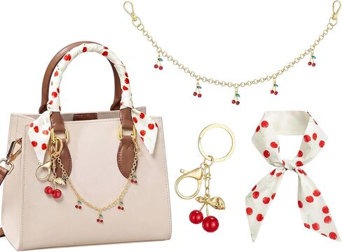 3 Pcs Cherry Bag Charm Set Women Cherry Keychain Gold Double Buckle Key Pendant and Skinny Hair Scarf Trendy Purse Accessories in Saudi Arabia